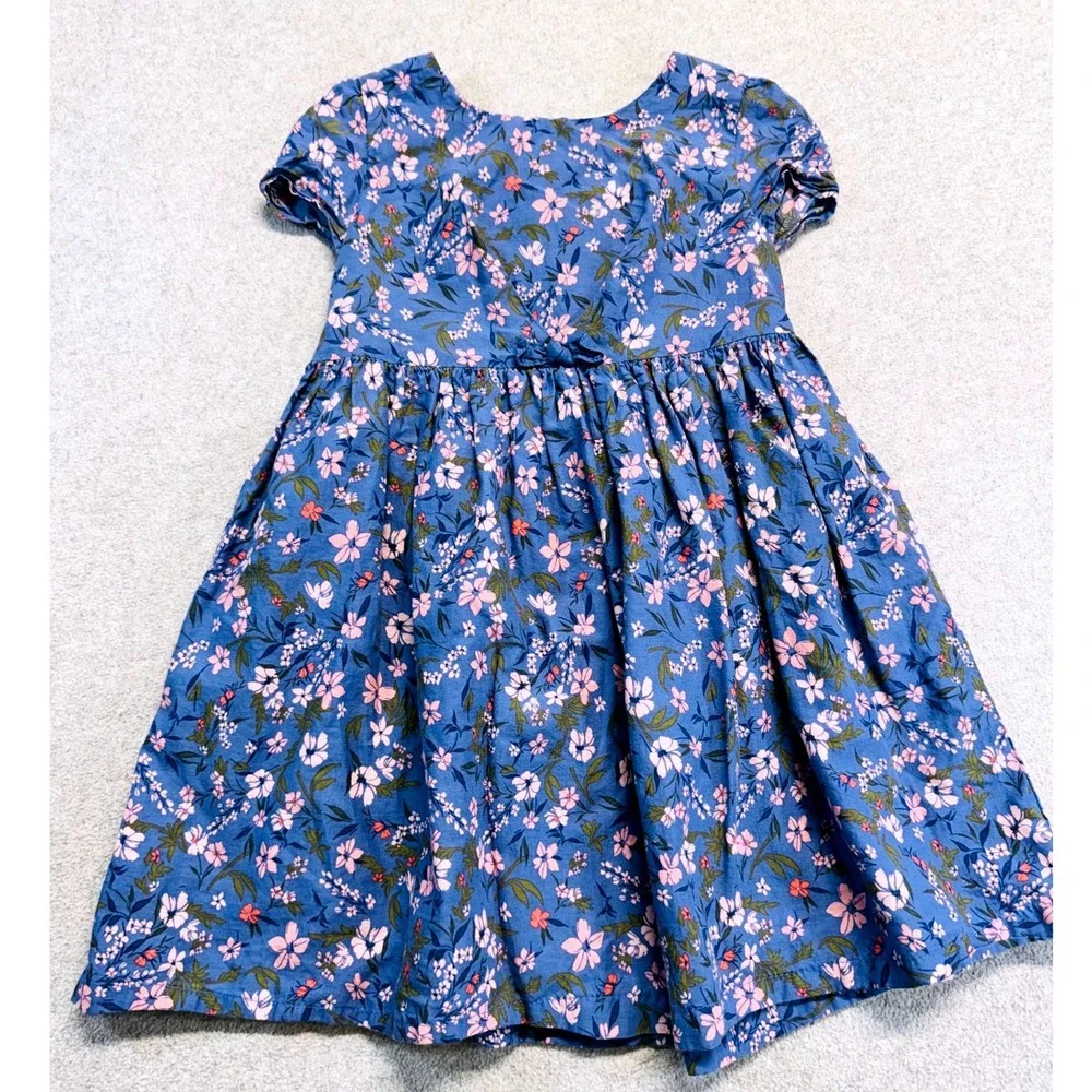 OshKosh Bgosh Floral Dress Kids 4T Blue Short Sleeve Cotton Bow Back A-Line